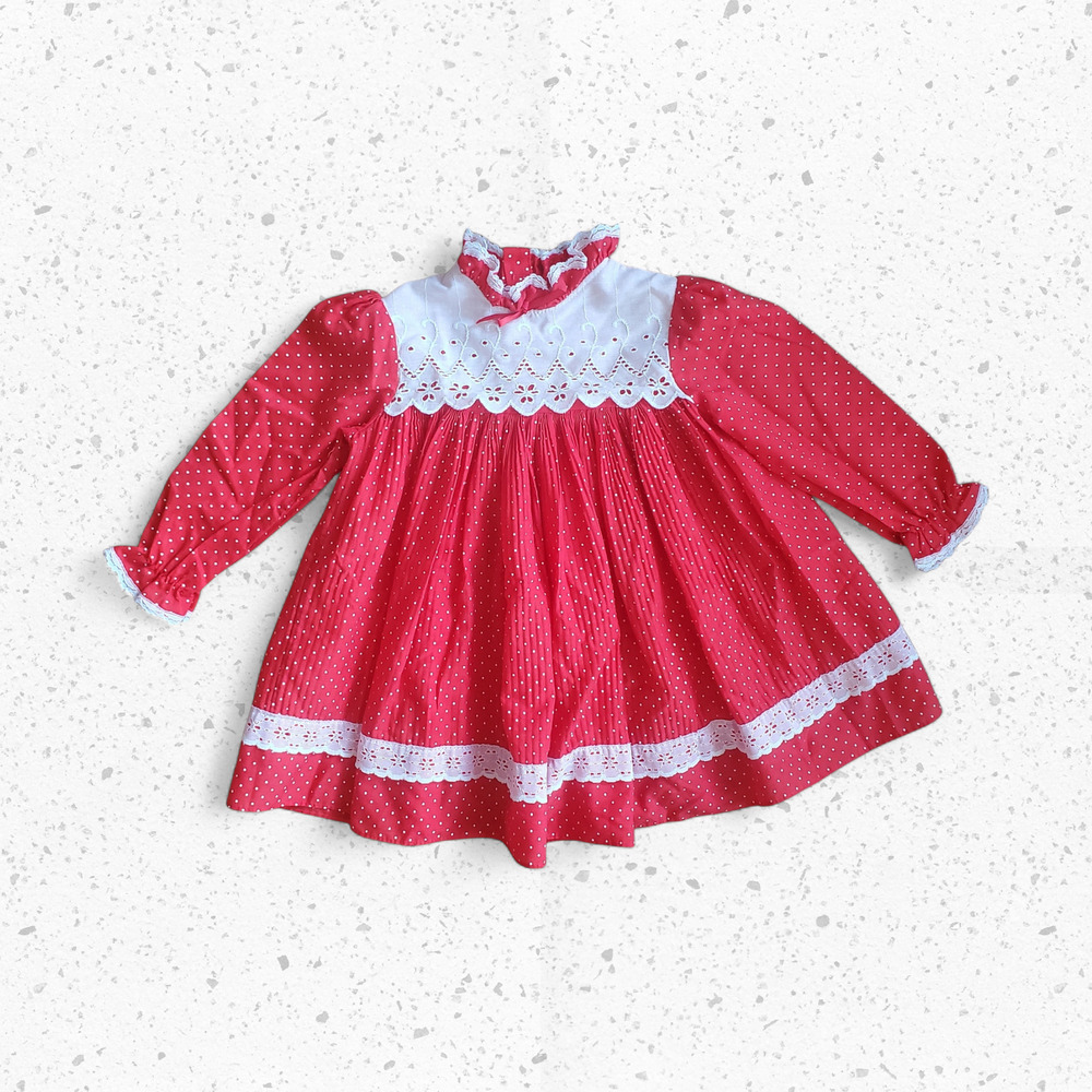 VTG 80s Baby Girl Red Polka Dot Dress Size 18M